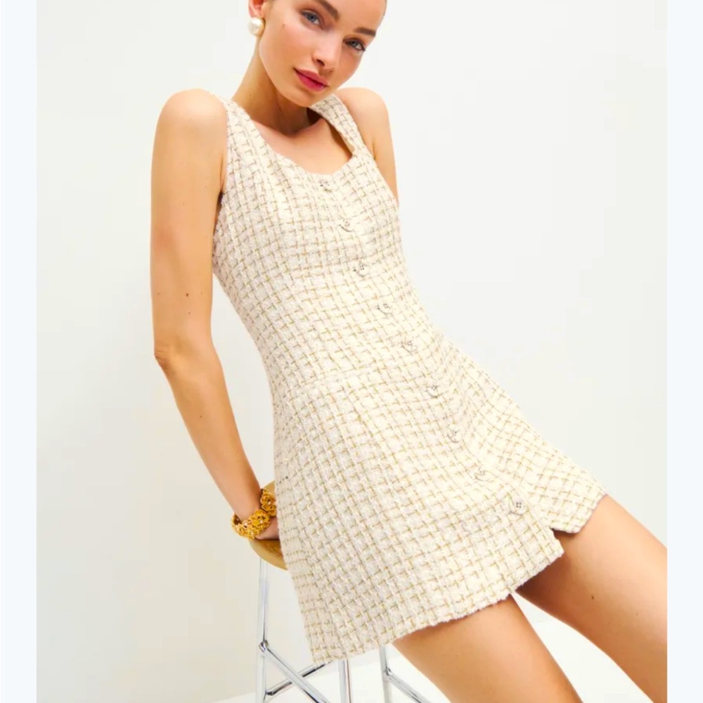 Reformation Jaine dress:  white tweed, sleeveless, fitted mini dress size 6
